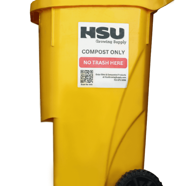 Side profile of ellow 32 gallon food waste bin with HSU Growing Supply sticker